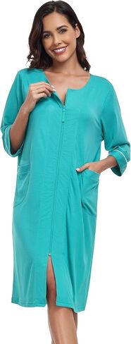 COLORFULLEAF Women's 100% Cotton Robe Lightweight 3/4 Sleeve Zip Front Robes Soft Knee Length Bathrobe Housecoat in Saudi Arabia