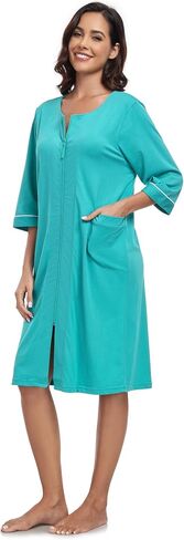 COLORFULLEAF Women's 100% Cotton Robe Lightweight 3/4 Sleeve Zip Front Robes Soft Knee Length Bathrobe Housecoat in Saudi Arabia
