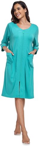 COLORFULLEAF Women's 100% Cotton Robe Lightweight 3/4 Sleeve Zip Front Robes Soft Knee Length Bathrobe Housecoat in Saudi Arabia
