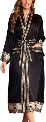 Silk Satin Robe for Women Long Kimono Robe Lightweight Summer Trim Bathrobe Luxury House Robes with Pockets in Kuwait