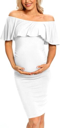 Ruffle Off Shoulder Maternity Dress Ruched Side Bodycon Pregnancy Dress for Baby Shower/Photography in Saudi Arabia
