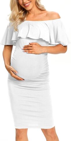 Ruffle Off Shoulder Maternity Dress Ruched Side Bodycon Pregnancy Dress for Baby Shower/Photography in Saudi Arabia