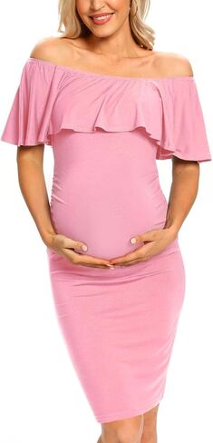 Ruffle Off Shoulder Maternity Dress Ruched Side Bodycon Pregnancy Dress for Baby Shower/Photography in Saudi Arabia