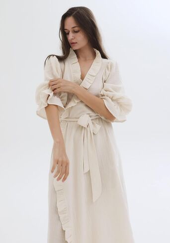 NOTHING FITS BUT Muslin Gauze Maternity Robe for Hospital, Nursing Nightgown Puffed Sleeves Cotton Delivery Gown in Kuwait