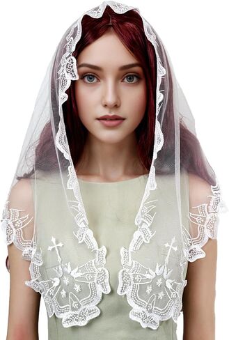 Church Veil - Our Lady Embroidered Lace Triangle Headscarf Floral Church Veil Latin Mass Scarf in Saudi Arabia