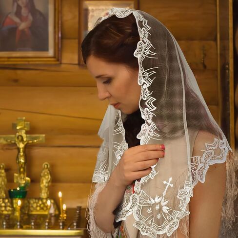 Church Veil - Our Lady Embroidered Lace Triangle Headscarf Floral Church Veil Latin Mass Scarf in Saudi Arabia