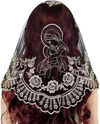 Church Veil - Our Lady Embroidered Lace Triangle Headscarf Floral Church Veil Latin Mass Scarf in Saudi Arabia