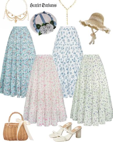 التنانير الصيفية القرمزية للنساء Maxi Long Floral Skirt Flowy Tier -Tier Tier Skirt in Kuwait