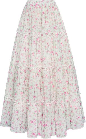 التنانير الصيفية القرمزية للنساء Maxi Long Floral Skirt Flowy Tier -Tier Tier Skirt in Kuwait