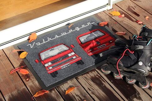 BRISA VW Collection - Volkswagen Foot Mat Doormat Rug Shoe Dirt Trapper with Beetle, T1, T2, T3 Bus, GTI Motif (T3 Bus/Red) in Saudi Arabia