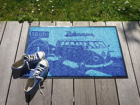 BRISA VW Collection - Volkswagen Foot Mat Doormat Rug Shoe Dirt Trapper with Beetle, T1, T2, T3 Bus, GTI Motif (T3 Bus/Red) in Saudi Arabia