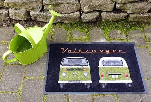 BRISA VW Collection - Volkswagen Foot Mat Doormat Rug Shoe Dirt Trapper with Beetle, T1, T2, T3 Bus, GTI Motif (T3 Bus/Red) in Saudi Arabia