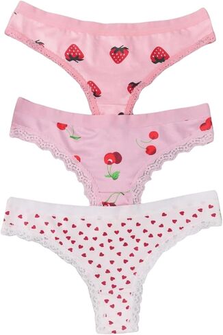Wdirara Women's 3 Pack Pack Cute Graphic Senties Set Lace Trim Low Rise Rise Comfy Thong Intonder in Kuwait