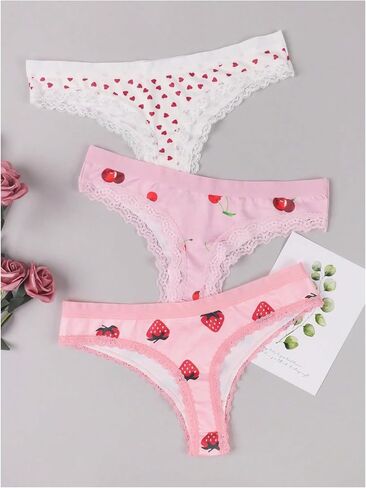 Wdirara Women's 3 Pack Pack Cute Graphic Senties Set Lace Trim Low Rise Rise Comfy Thong Intonder in Kuwait