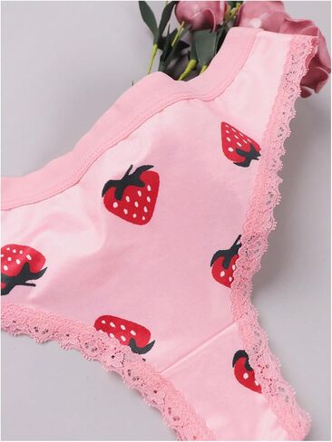 Wdirara Women's 3 Pack Pack Cute Graphic Senties Set Lace Trim Low Rise Rise Comfy Thong Intonder in Kuwait