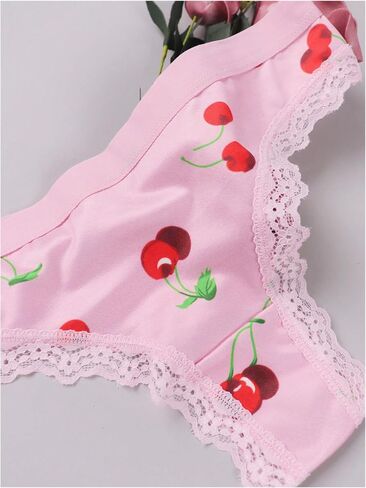 Wdirara Women's 3 Pack Pack Cute Graphic Senties Set Lace Trim Low Rise Rise Comfy Thong Intonder in Kuwait