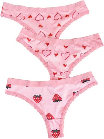 Wdirara Women's 3 Pack Pack Cute Graphic Senties Set Lace Trim Low Rise Rise Comfy Thong Intonder in Kuwait