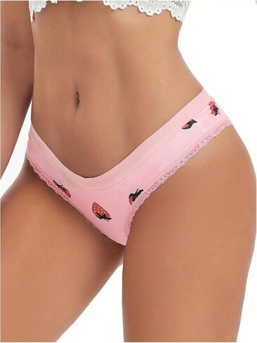 Wdirara Women's 3 Pack Pack Cute Graphic Senties Set Lace Trim Low Rise Rise Comfy Thong Intonder in Kuwait