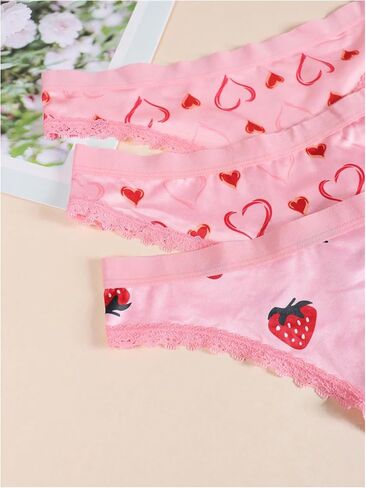 Wdirara Women's 3 Pack Pack Cute Graphic Senties Set Lace Trim Low Rise Rise Comfy Thong Intonder in Kuwait