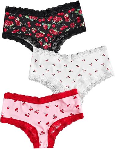 Wdirara Women's 3 Pack Pack Cute Graphic Senties Set Lace Trim Low Rise Rise Comfy Thong Intonder in Kuwait