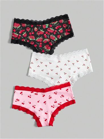 Wdirara Women's 3 Pack Pack Cute Graphic Senties Set Lace Trim Low Rise Rise Comfy Thong Intonder in Kuwait