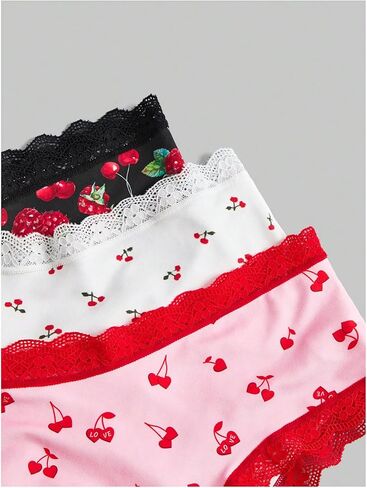 Wdirara Women's 3 Pack Pack Cute Graphic Senties Set Lace Trim Low Rise Rise Comfy Thong Intonder in Kuwait