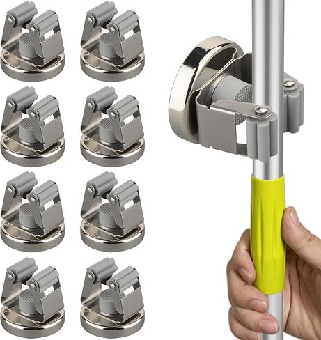 حامل مكنسة الممسحة المغناطيسية من ULIBERMAGNET، حامل أدوات مغناطيسية شديدة التحمل، حامل ممسحة تخزين مغناطيسي مضاد للانزلاق، شماعة مجرفة للمرآب والمطبخ والغسيل والحديقة (عبوتان/فضي) in Kuwait