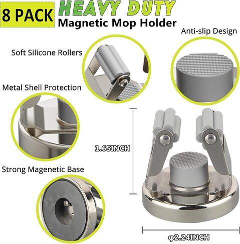 حامل مكنسة الممسحة المغناطيسية من ULIBERMAGNET، حامل أدوات مغناطيسية شديدة التحمل، حامل ممسحة تخزين مغناطيسي مضاد للانزلاق، شماعة مجرفة للمرآب والمطبخ والغسيل والحديقة (عبوتان/فضي) in Kuwait