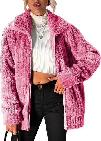 Women's Fleece Jacket Women Full Zip Long Sleeve Lapel Collar Sherpa Coat Outerwear with Pockets (S-5XL) in Saudi Arabia