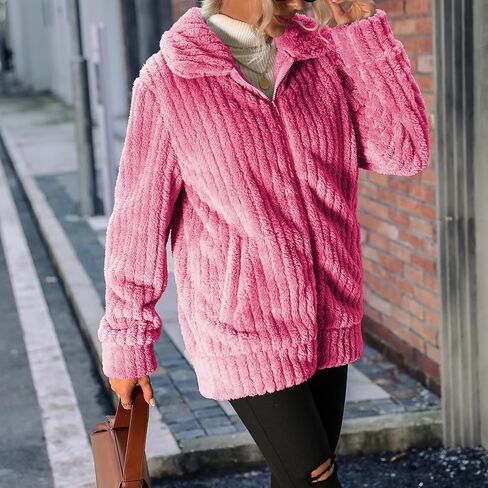 Women's Fleece Jacket Women Full Zip Long Sleeve Lapel Collar Sherpa Coat Outerwear with Pockets (S-5XL) in Saudi Arabia