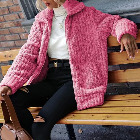 Women's Fleece Jacket Women Full Zip Long Sleeve Lapel Collar Sherpa Coat Outerwear with Pockets (S-5XL) in Saudi Arabia