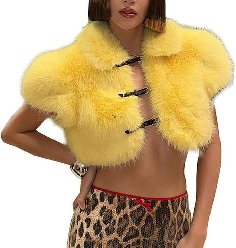 CORIRESHA Women's Crop Faux Fur Coat Belt Buckles Short Sleeve Shrug Jacket Top in Saudi Arabia