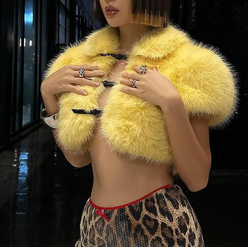 CORIRESHA Women's Crop Faux Fur Coat Belt Buckles Short Sleeve Shrug Jacket Top in Saudi Arabia
