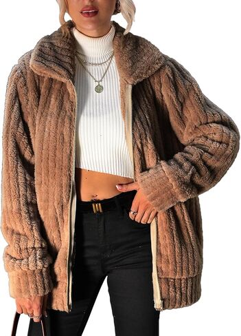 Women's Fleece Jacket Women Full Zip Long Sleeve Lapel Collar Sherpa Coat Outerwear with Pockets (S-5XL) in Saudi Arabia