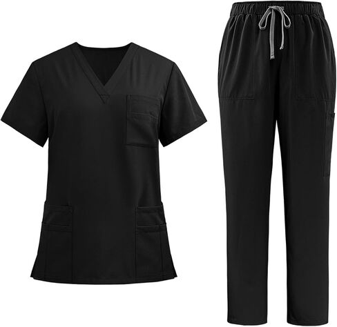 فرك فيكوجارد تم تعيينه للنساء الموحد-Stretch V-Neck Top & Strained Leg Pants مع 9 جيوب لملابس العمل الممرضة in Saudi Arabia