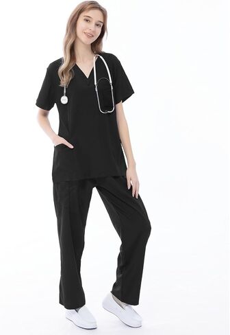 فرك فيكوجارد تم تعيينه للنساء الموحد-Stretch V-Neck Top & Strained Leg Pants مع 9 جيوب لملابس العمل الممرضة in Saudi Arabia