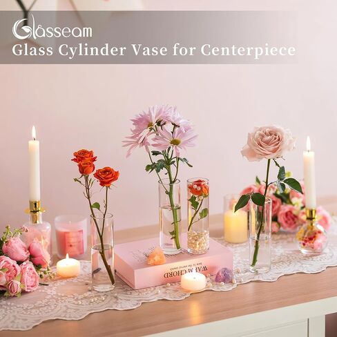 Small Cylinder Glass Vases for Centerpieces: Glasseam Clear Vase Set of 12 Modern Centerpiece Vases for Table Wedding Home Party Decor 5.9In Bud Vase for Flowers Single Stem Roses Tulips in Kuwait