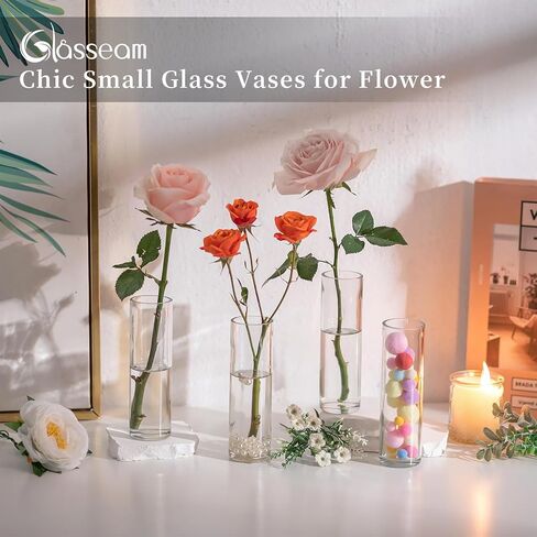 Small Cylinder Glass Vases for Centerpieces: Glasseam Clear Vase Set of 12 Modern Centerpiece Vases for Table Wedding Home Party Decor 5.9In Bud Vase for Flowers Single Stem Roses Tulips in Kuwait