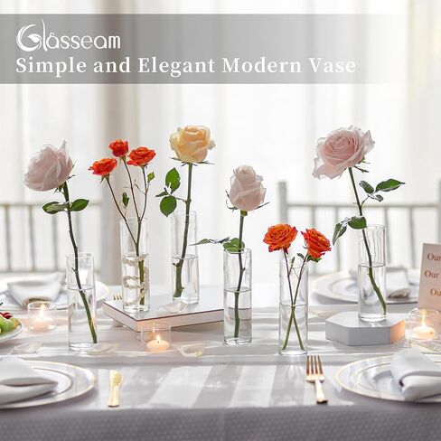 Small Cylinder Glass Vases for Centerpieces: Glasseam Clear Vase Set of 12 Modern Centerpiece Vases for Table Wedding Home Party Decor 5.9In Bud Vase for Flowers Single Stem Roses Tulips in Kuwait