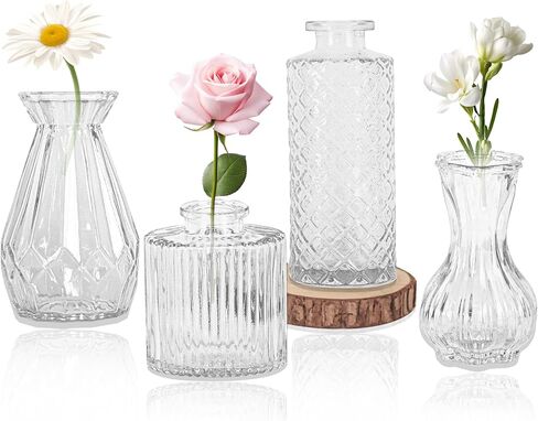 Set of 4 Glass Bud Vase Set, Small Vintage Clear Flower Vase Centerpieces for Table Bulk Cute Rustic Style Mini Vase for Home Decor Wedding Baby Shower Birthday Party in Kuwait