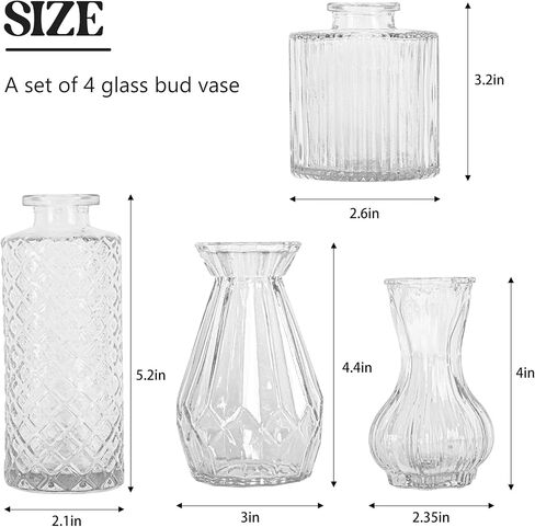 Set of 4 Glass Bud Vase Set, Small Vintage Clear Flower Vase Centerpieces for Table Bulk Cute Rustic Style Mini Vase for Home Decor Wedding Baby Shower Birthday Party in Kuwait