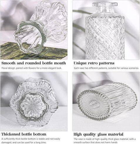 Set of 4 Glass Bud Vase Set, Small Vintage Clear Flower Vase Centerpieces for Table Bulk Cute Rustic Style Mini Vase for Home Decor Wedding Baby Shower Birthday Party in Kuwait