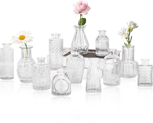 Set of 4 Glass Bud Vase Set, Small Vintage Clear Flower Vase Centerpieces for Table Bulk Cute Rustic Style Mini Vase for Home Decor Wedding Baby Shower Birthday Party in Kuwait