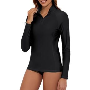 Women's Long Sleeve Swim Shirts UPF 50+ Rash Guard 1/4 Zip Rashguard Workout Tops with Pockets