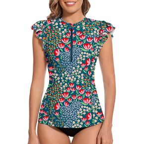 WOWENY Women Rash Guard Ruffle Sleeveless Swim Shirts Sun Protection Swimsuit Top Bathing Suit No Bottom