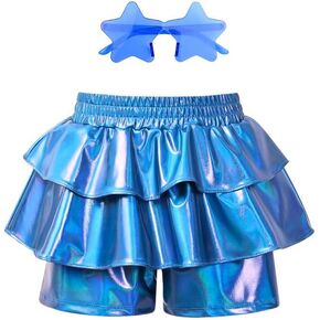Girls Pleated Metallic Shorts Shiny Sparkle Ruffle Scooter Skater Dance Elastic Waist Rave Pants with Sunglasses for 6-13Y