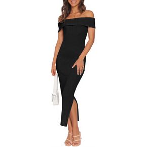 MEROKEETY Women's 2025 Off Shoulder Bodycon Midi Dress Summer Spring Formal Elegant Knit Sweater Dresses