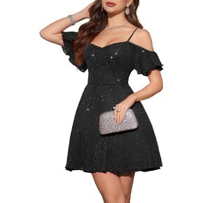 Meetjen Women's Sparkly Off Hounder Prom Dress 2025 A Line Tulle Spaghetti Straps Fresses Short Cocktail Dresses