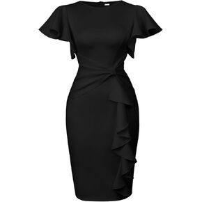 Memoriesea Women's Wear to Work Vintage Ruffle Peplum Cocktail Pencil Knee Midi Dress