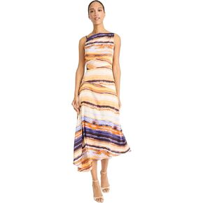 Maggy London Women's Satin Georgette Midi Asymmetrical Hem High Neck Fitted Bodice with Flowing A-line Cocktail Formal Dress